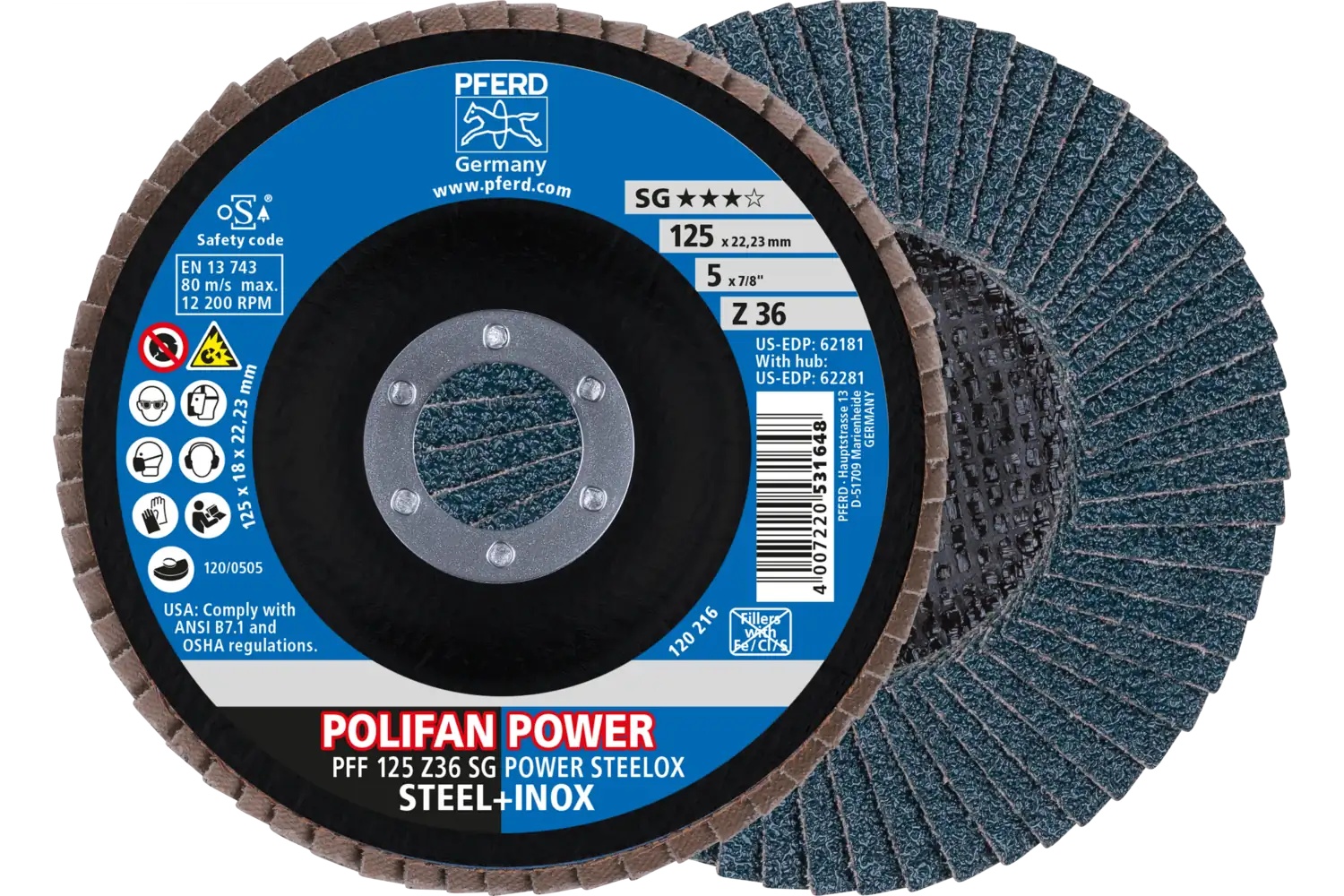Picture of Pferd Flap Disc, 5" x 7/8, Z SG Power Steelox, 36 Grit, T27, Flat, Zirconia